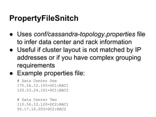 PropertyFileSnitch
● Uses conf/cassandra-topology.properties file
to infer data center and rack information
● Useful if cluster layout is not matched by IP
addresses or if you have complex grouping
requirements
● Example properties file:
# Data Center One
175.56.12.105=DC1:RAC1
120.53.24.101=DC1:RAC2
# Data Center Two
110.56.12.120=DC2:RAC1
50.17.10.203=DC2:RAC2

 