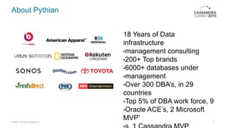 About Pythian
18 Years of Data
infrastructure
•management consulting
•200+ Top brands
•6000+ databases under
•management
•Over 300 DBA’s, in 29
countries
•Top 5% of DBA work force, 9
•Oracle ACE’s, 2 Microsoft
MVP’ 2© 2015. All Rights Reserved.
 