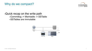 •Quick recap on the write path
–Commitlog -> Memtable -> SSTable
–SSTables are immutable
Why do we compact?
7© 2015. All Rights Reserved.
 
