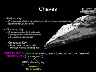 Chaves
 Partition Key
 Chave responsável por espalhar os dados entre os nós do cluster
 É a linha da Colum Family
 Clustering Key
 Ordena os dados dentro de cada
separação feita pela Partition Key
 É o prefixo das colunas
 Compound Key
 Uma chave composta pela
Partition Key e Clustering Key
CREATE TABLE calendario ( dia int, mes int, ano int, compromisso text,
PRIMARY KEY (dia,mes,ano) );
Partition
Key
Clustering Key
Compound Key
 