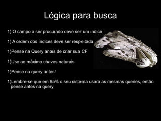 Lógica para busca
1) O campo a ser procurado deve ser um índice
1) A ordem dos índices deve ser respeitada
1)Pense na Query antes de criar sua CF
1)Use ao máximo chaves naturais
1)Pense na query antes!
1)Lembre-se que em 95% o seu sistema usará as mesmas queries, então
pense antes na query
 