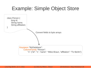 Example: Simple Object Store
   class Person {
       long id;
       String name;
       String affiliation;
   }

      ...