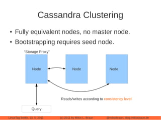 Cassandra Clustering
 ●   Fully equivalent nodes, no master node.
 ●   Bootstrapping requires seed node.
            “Stor...