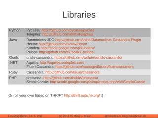 Libraries
Python        Pycassa: http://github.com/pycassa/pycass
              Telephus: http://github.com/driftx/Telephu...