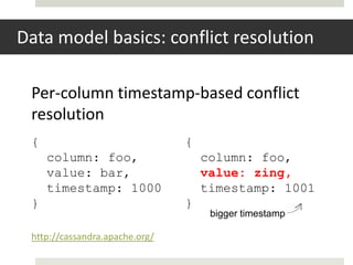 Data model basics: conflict resolution

 Per-column timestamp-based conflict
 resolution
 {                              {
     column: foo,                   column: foo,
     value: bar,                    value: zing,
     timestamp: 1000                timestamp: 1001
 }                              }
                                     bigger timestamp

 http://cassandra.apache.org/
 