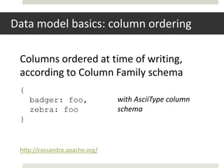 Data model basics: column ordering

 Columns ordered at time of writing,
 according to Column Family schema
 {
     badger: foo,               with AsciiType column
     zebra: foo                 schema
 }


 http://cassandra.apache.org/
 