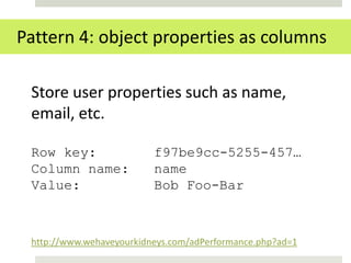 Pattern 4: object properties as columns

 Store user properties such as name,
 email, etc.

 Row key:                 f97be9cc-5255-457…
 Column name:             name
 Value:                   Bob Foo-Bar



 http://www.wehaveyourkidneys.com/adPerformance.php?ad=1
 