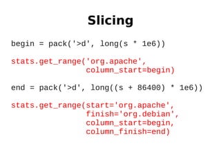 Slicing
begin = pack('>d', long(s * 1e6))

stats.get_range('org.apache',
                column_start=begin)

end = pack('>d', long((s + 86400) * 1e6))

stats.get_range(start='org.apache',
                finish='org.debian',
                column_start=begin,
                column_finish=end)
 