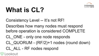 What is CL?
Consistency Level -- It’s not RF!
Describes how many nodes must respond
before operation is considered COMPLETE
CL_ONE - only one node responds
CL_QUORUM - (RF/2)+1 nodes (round down)
CL_ALL - RF nodes respond
 