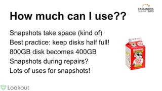 How much can I use??
Snapshots take space (kind of)
Best practice: keep disks half full!
800GB disk becomes 400GB
Snapshots during repairs?
Lots of uses for snapshots!
 