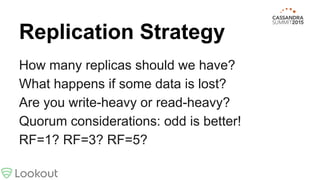 Replication Strategy
How many replicas should we have?
What happens if some data is lost?
Are you write-heavy or read-heavy?
Quorum considerations: odd is better!
RF=1? RF=3? RF=5?
 