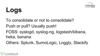 Logs
To consolidate or not to consolidate?
Push or pull? Usually push!
FOSS: syslogd, syslog-ng, logstash/kibana,
heka, banana
Others: Splunk, SumoLogic, Loggly, Stackify
 