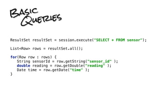 BasicQueries 
ResultSet resultSet = session.execute(SELECT * FROM sensor); 
ListRow rows = resultSet.all(); 
for(Row row :...