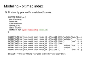 Modeling - bit map index
CREATE TABLE car (
year timestamp,
model text,
color timestamp,
vehicle_id int,
//other columns
PRIMARY KEY ((year, model, color), vehicle_id)
);
Q: Find car by year and/or model and/or color.
INSERT INTO car (year, model, color, vehicle_id, ...) VALUES (2000, 'Multipla', 'blue', 13, ...);
INSERT INTO car (year, model, color, vehicle_id, ...) VALUES (2000, 'Multipla', '', 13, ...);
INSERT INTO car (year, model, color, vehicle_id, ...) VALUES (2000, '', 'blue', 13, ...);
INSERT INTO car (year, model, color, vehicle_id, ...) VALUES (2000, '', '', 13, ...);
INSERT INTO car (year, model, color, vehicle_id, ...) VALUES ('', 'Multipla', 'blue', 13, ...);
INSERT INTO car (year, model, color, vehicle_id, ...) VALUES ('', 'Multipla', '', 13, ...);
INSERT INTO car (year, model, color, vehicle_id, ...) VALUES ('', '', 'blue', 13, ...);
SELECT * FROM car WHERE year=2000 and model=’’ and color=’blue’;
 