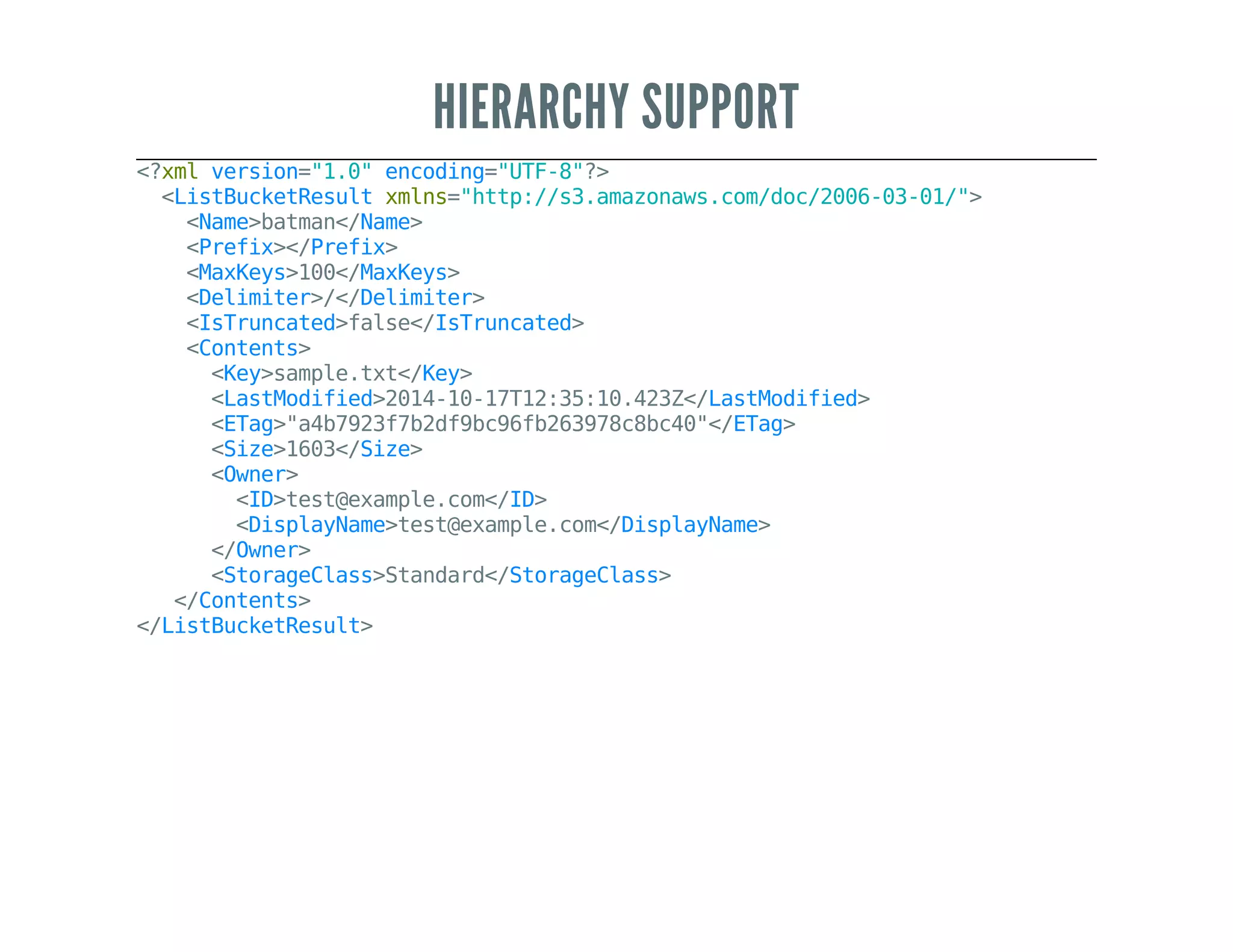 HIERARCHY SUPPORT
<?xmlversion="1.0"encoding="UTF-8"?>
<ListBucketResultxmlns="http://s3.amazonaws.com/doc/2006-03-01/">
<Name>batman</Name>
<Prefix></Prefix>
<MaxKeys>100</MaxKeys>
<Delimiter>/</Delimiter>
<IsTruncated>false</IsTruncated>
<Contents>
<Key>sample.txt</Key>
<LastModified>2014-10-17T12:35:10.423Z</LastModified>
<ETag>"a4b7923f7b2df9bc96fb263978c8bc40"</ETag>
<Size>1603</Size>
<Owner>
<ID>test@example.com</ID>
<DisplayName>test@example.com</DisplayName>
</Owner>
<StorageClass>Standard</StorageClass>
</Contents>
</ListBucketResult>
 