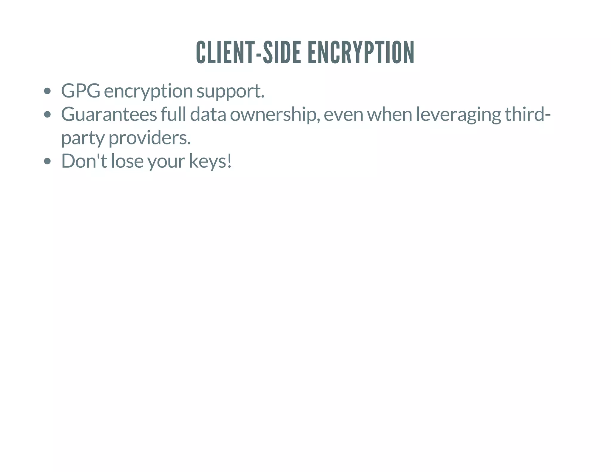 CLIENT-SIDE ENCRYPTION
GPG encryption support.
Guarantees full data ownership, even when leveraging third-
party providers.
Don't lose your keys!
 