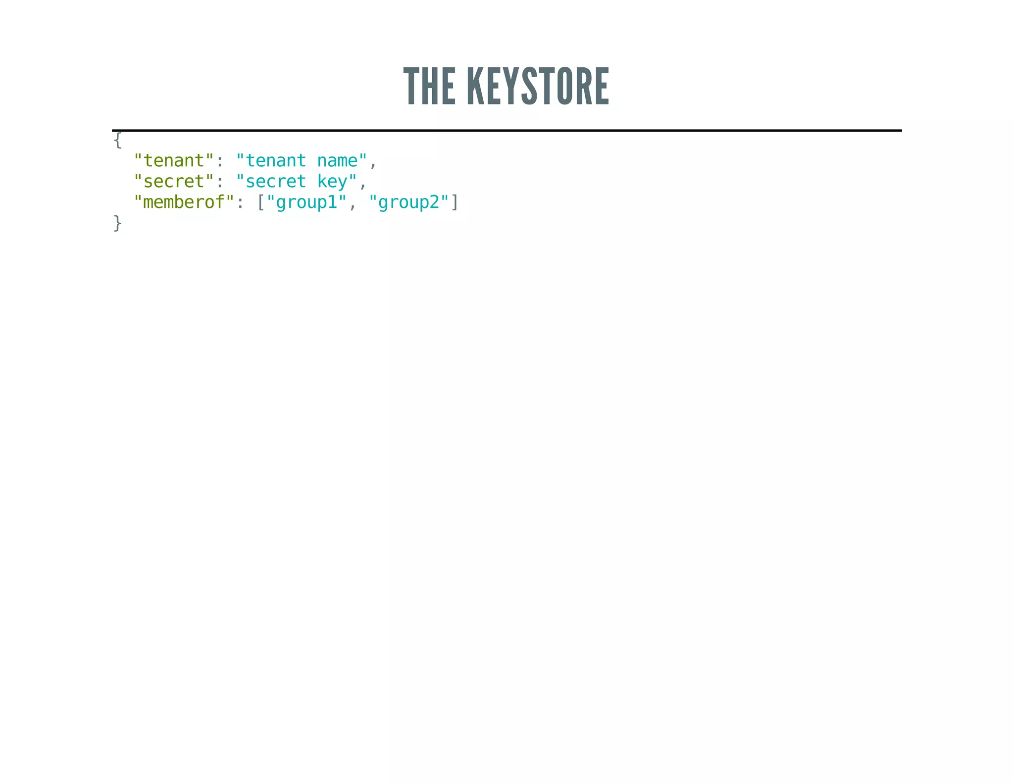 THE KEYSTORE
{
"tenant":"tenantname",
"secret":"secretkey",
"memberof":["group1","group2"]
}
 
