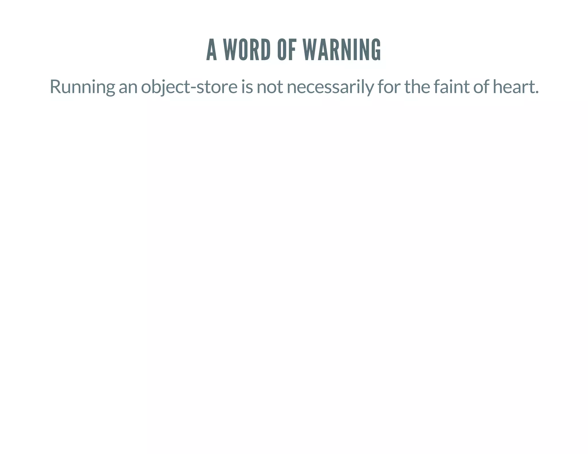 A WORD OF WARNING
Running an object-store is not necessarily for the faint of heart.
 