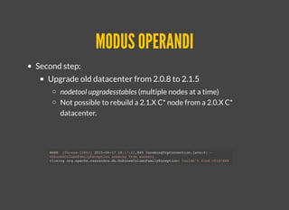 MODUS OPERANDIMODUS OPERANDI
Second step:
Upgrade old datacenter from 2.0.8 to 2.1.5
nodetool upgradesstables (multiple nodes at a time)
Not possible to rebuild a 2.1.X C* node from a 2.0.X C*
datacenter.
rebuild
WARN [Thread-12683] 2015-06-17 10:17:22,845 IncomingTcpConnection.java:91 -
UnknownColumnFamilyException reading from socket;
closing org.apache.cassandra.db.UnknownColumnFamilyException: Couldn't find cfId=XXX
 