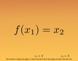 f(x1) = x2
The function f maps the object x1 (from the set of X) to the object x2 (from the set of X).
x1 2 X x2 2 X
 