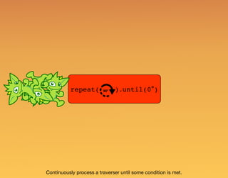 repeat( ).until(0°)90°
Continuously process a traverser until some condition is met.
 