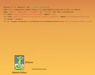 Python 2.7.2 (default, Oct 11 2012, 20:14:37)
[GCC 4.2.1 Compatible Apple Clang 4.0 (tags/Apple/clang-418.0.60)] on darwin
Type "help", "copyright", "credits" or "license" for more information.
>>> from gremlin_python.structure.graph import Graph
>>> from gremlin_python.driver.driver_remote_connection import DriverRemoteConnection
>>> graph = Graph()
>>> g = graph.traversal().withRemote(DriverRemoteConnection('ws://localhost:8182','g'))
Gremlin-Python
DriverRemoteConnection
CPython
 