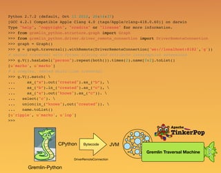 Python 2.7.2 (default, Oct 11 2012, 20:14:37)
[GCC 4.2.1 Compatible Apple Clang 4.0 (tags/Apple/clang-418.0.60)] on darwin
Type "help", "copyright", "credits" or "license" for more information.
>>> from gremlin_python.structure.graph import Graph
>>> from gremlin_python.driver.driver_remote_connection import DriverRemoteConnection
>>> graph = Graph()
>>> g = graph.traversal().withRemote(DriverRemoteConnection('ws://localhost:8182','g'))
# nested traversal with Python slicing and attribute interception extensions
>>> g.V().hasLabel("person").repeat(both()).times(2).name[0:2].toList()
[u'marko', u'marko']
# a complex, nested multi-line traversal
>>> g.V().match( 
... as_(“a”).out("created").as_(“b”), 
... as_(“b”).in_(“created").as_(“c”), 
... as_(“a”).out("knows").as_(“c”)). 
... select("c"). 
... union(in_(“knows"),out("created")). 
... name.toList()
[u'ripple', u'marko', u'lop']
>>>
Gremlin-Python
Bytecode
DriverRemoteConnection
Gremlin Traversal Machine
CPython JVM
 