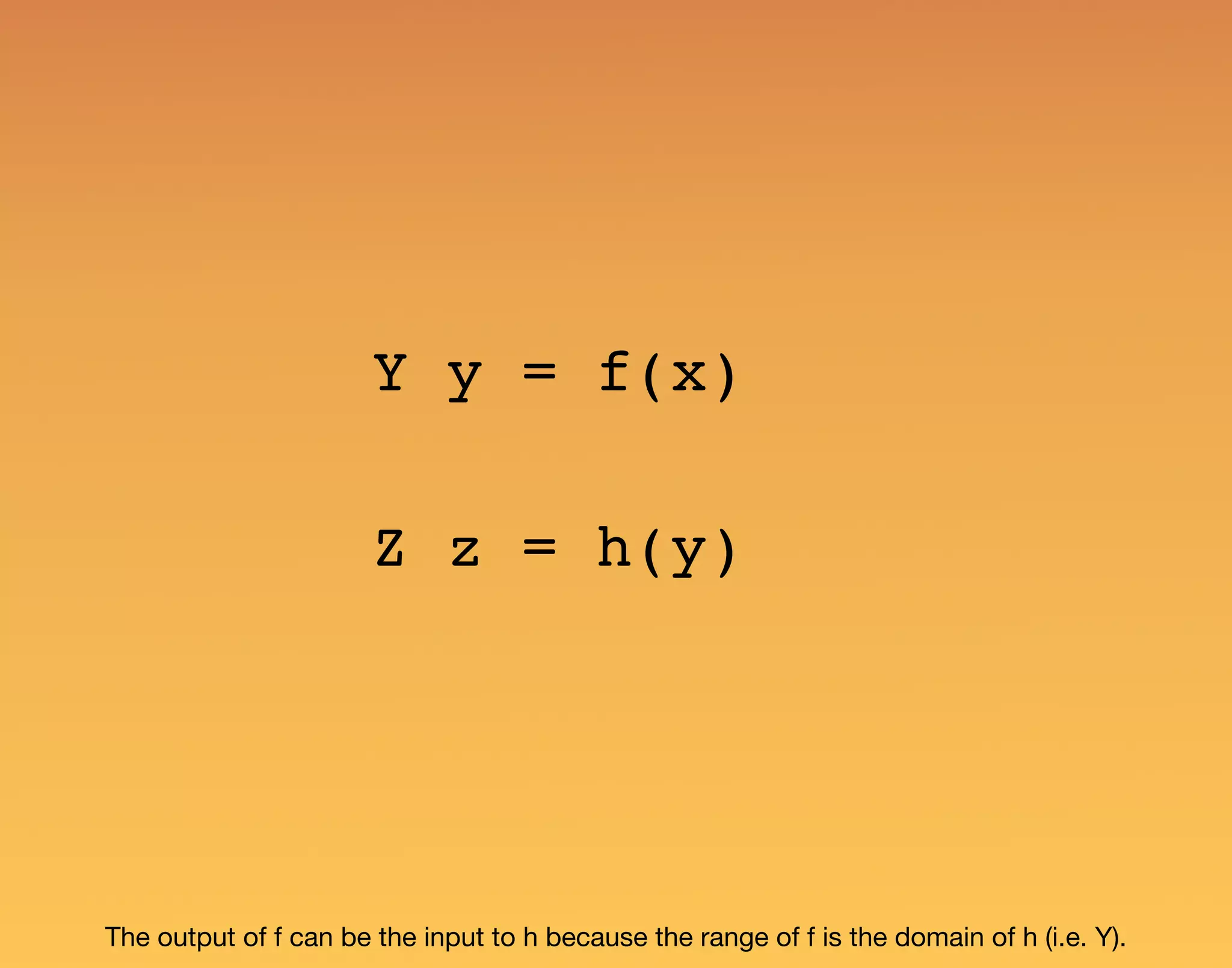 The output of f can be the input to h because the range of f is the domain of h (i.e. Y). Y y = f(x) Z z = h(y) 