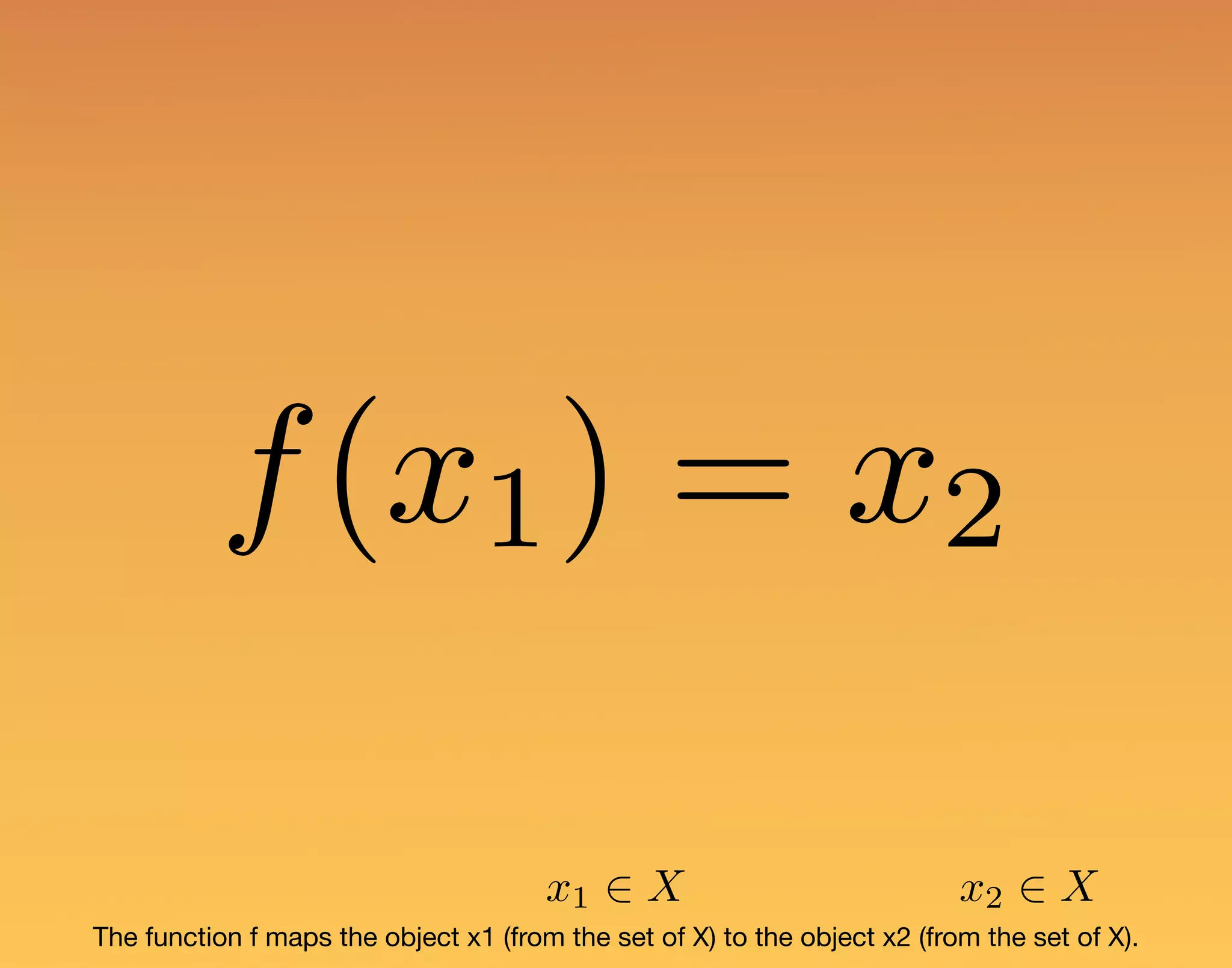 f(x1) = x2 The function f maps the object x1 (from the set of X) to the object x2 (from the set of X). x1 2 X x2 2 X 