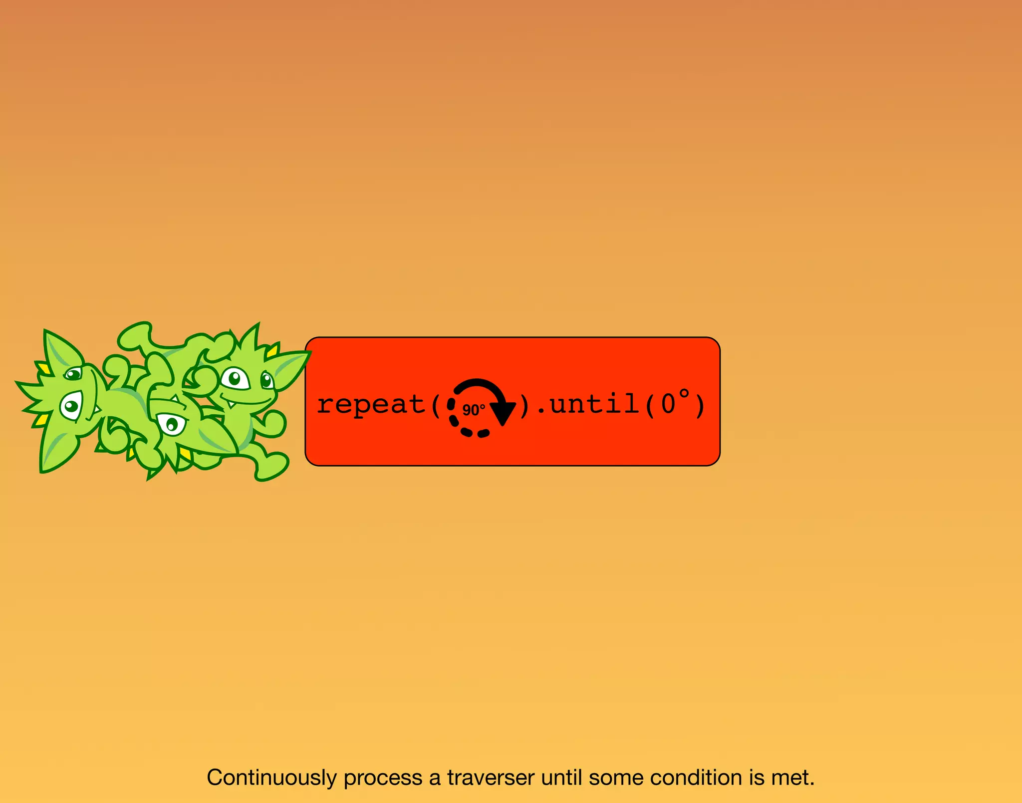 repeat( ).until(0°)90° Continuously process a traverser until some condition is met. 