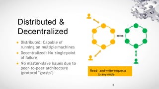 Distributed &
Decentralized
● Distributed: Capable of
running on multiple machines
● Decentralized: No single point
of failure
● No master-slave issues due to
peer-to-peer architecture
(protocol "gossip")
Read- and write-requests
to any node
6
 