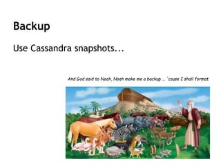 Backup
Use Cassandra snapshots...
And God said to Noah, Noah make me a backup ... 'cause I shall format
 