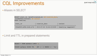CQL Improvements
• Aliases in SELECT
• Limit and TTL in prepared statements
SELECT event_id, dateOf(created_at) AS creation_date,
blobAsText(content) AS content
FROM timeline;
event_id | creation_date | content
-------------------------+--------------------------+----------------------
550e8400-e29b-41d4-a716 | 2013-07-26 10:44:33+0200 | Something happened!?
SELECT * FROM myTable LIMIT ?;
UPDATE myTable USING TTL ? SET v = 2 WHERE k = 'foo';
Thursday, October 3, 13
 