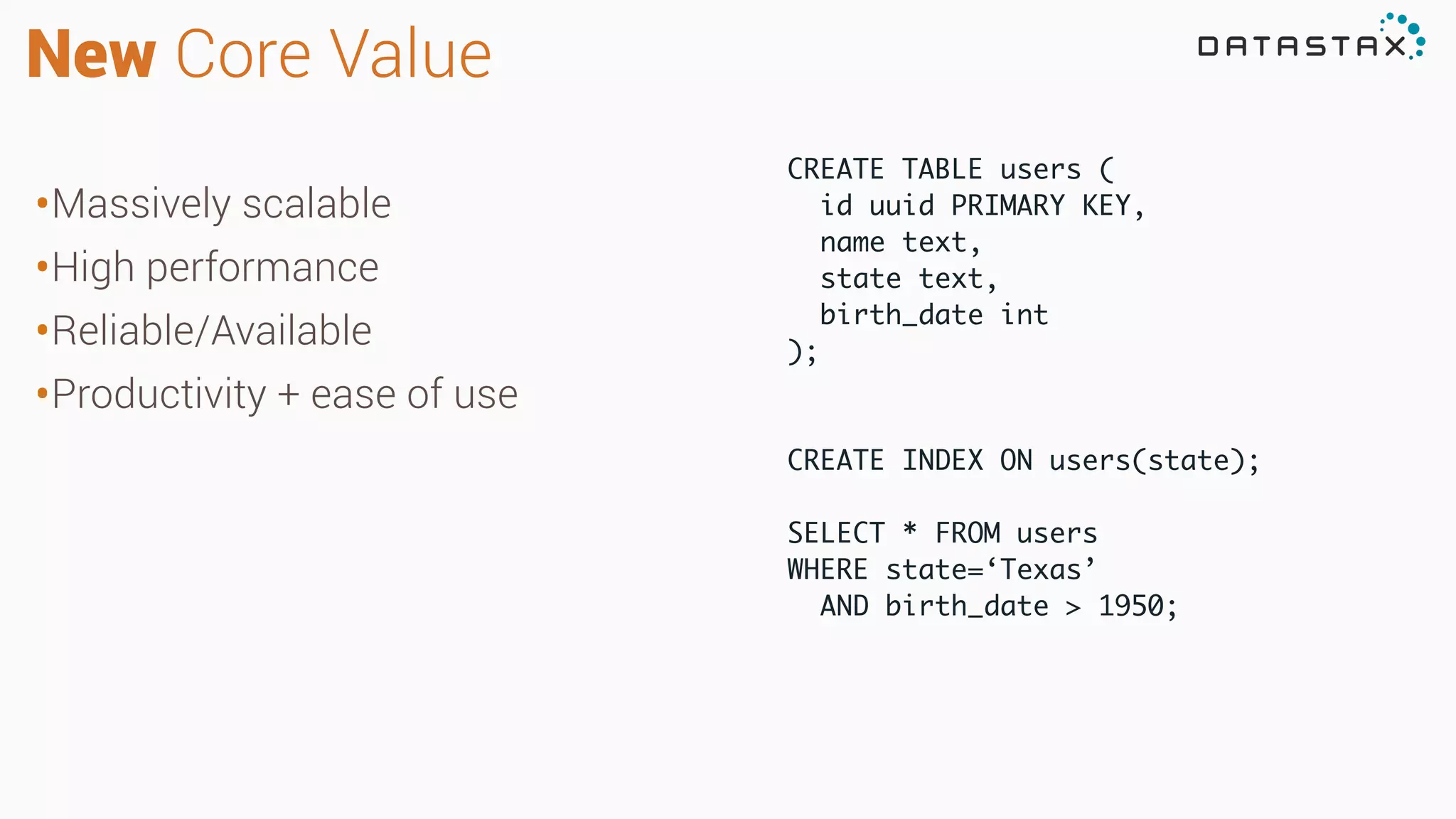 CREATE TABLE users (	
id uuid PRIMARY KEY,	
name text,	
state text,	
birth_date int	
);	
!
!
CREATE INDEX ON users(state);	
!
SELECT * FROM users 	
WHERE state=‘Texas’	
AND birth_date > 1950;
New Core Value
•Massively scalable
•High performance
•Reliable/Available
•Productivity + ease of use
 