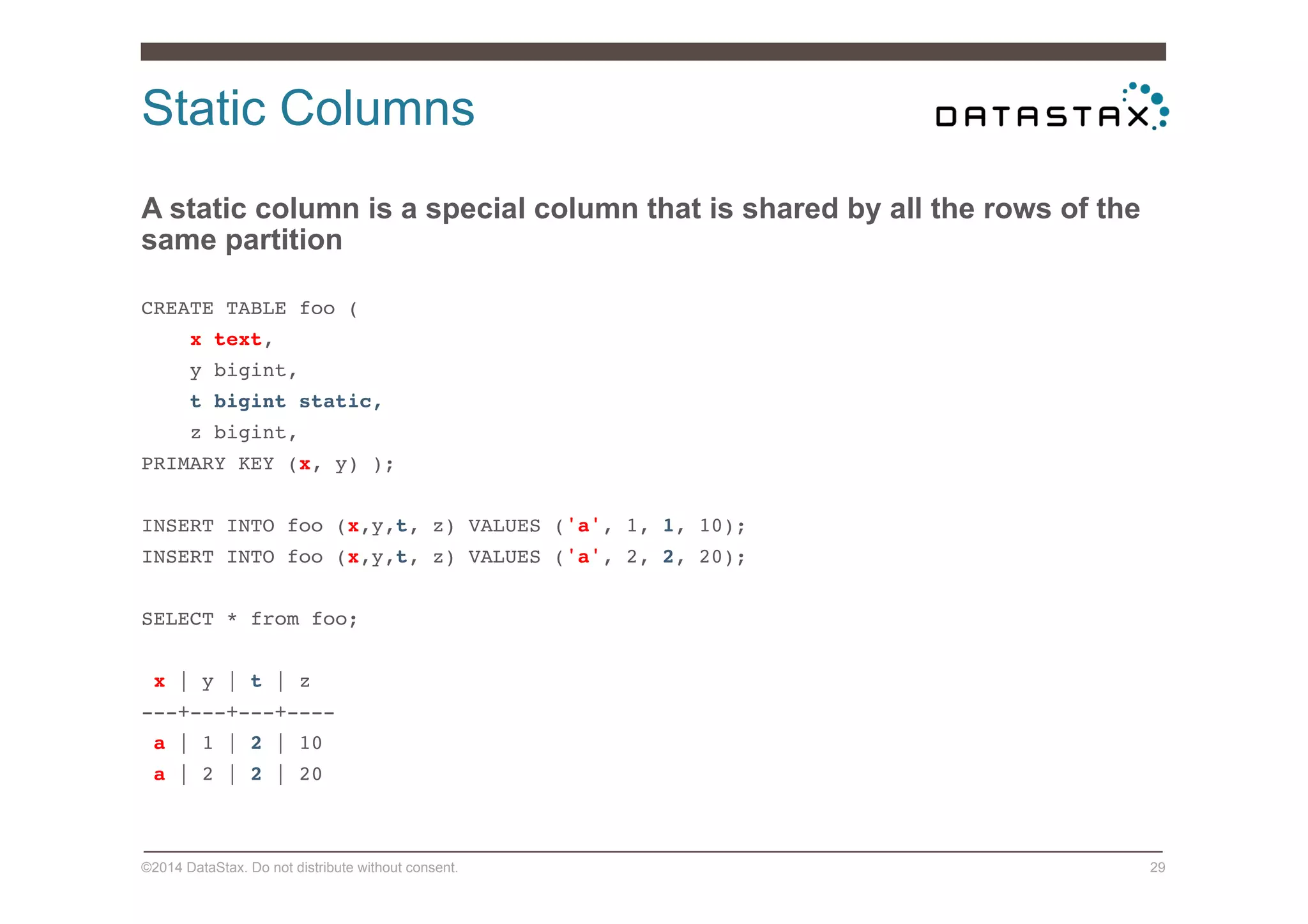 Static Columns
©2014 DataStax. Do not distribute without consent. 29
A static column is a special column that is shared by all the rows of the
same partition
!
CREATE TABLE foo ( !
x text, !
y bigint, !
t bigint static, !
z bigint, !
PRIMARY KEY (x, y) );!
!
INSERT INTO foo (x,y,t, z) VALUES ('a', 1, 1, 10);!
INSERT INTO foo (x,y,t, z) VALUES ('a', 2, 2, 20);!
!
SELECT * from foo;!
!
x | y | t | z!
---+---+---+----!
a | 1 | 2 | 10!
a | 2 | 2 | 20!
 