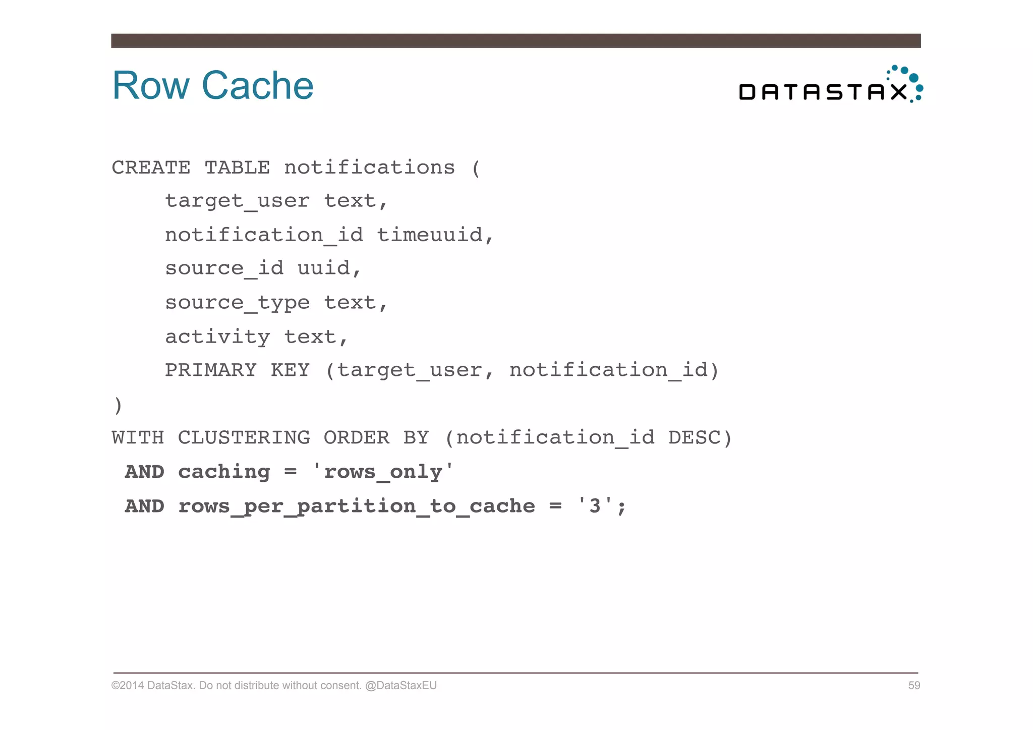 Row Cache
©2014 DataStax. Do not distribute without consent. @DataStaxEU 59
CREATE TABLE notifications (!
target_user text,!
notification_id timeuuid,!
source_id uuid,!
source_type text, !
activity text,!
PRIMARY KEY (target_user, notification_id)!
)!
WITH CLUSTERING ORDER BY (notification_id DESC)!
AND caching = 'rows_only'!
AND rows_per_partition_to_cache = '3';!
 