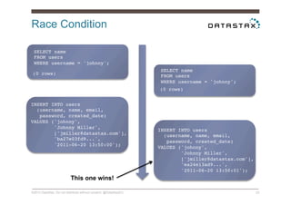 Race Condition
©2014 DataStax. Do not distribute without consent. @DataStaxEU 23
SELECT name!
FROM users!
WHERE username = 'johnny';!
(0 rows)!
INSERT INTO users !
(username, name, email,!
password, created_date)!
VALUES ('johnny',!
'Johnny Miller',!
['jmiller@datastax.com'],!
'ba27e03fd9...',!
'2011-06-20 13:50:00');!
INSERT INTO users !
(username, name, email,!
password, created_date)!
VALUES ('johnny',!
'Johnny Miller',!
['jmiller@datastax.com'],!
'ea24e13ad9...',!
'2011-06-20 13:50:01');!
This one wins!
SELECT name!
FROM users!
WHERE username = 'johnny';!
(0 rows)!
 