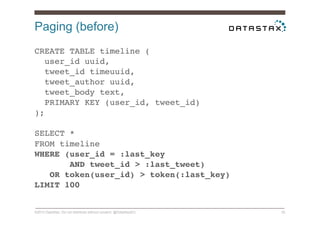 Paging (before)
©2014 DataStax. Do not distribute without consent. @DataStaxEU 35
CREATE TABLE timeline (!
  user_id uuid,!
  tweet_id timeuuid,!
  tweet_author uuid,!
tweet_body text,!
  PRIMARY KEY (user_id, tweet_id)!
);!
!
SELECT *!
FROM timeline!
WHERE (user_id = :last_key !
AND tweet_id > :last_tweet)!
OR token(user_id) > token(:last_key)!
LIMIT 100!
 