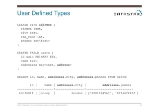 User Defined Types
©2014 DataStax. Do not distribute without consent. @DataStaxEU 54
CREATE TYPE address (!
street text,!
city text,!
zip_code int,!
phones set<text>!
)!
!
CREATE TABLE users (!
id uuid PRIMARY KEY,!
name text,!
addresses map<text, address>!
)!
!
SELECT id, name, addresses.city, addresses.phones FROM users;!
!
id | name | addresses.city | addresses.phones!
--------------------+----------------+--------------------------!
63bf691f | johnny | London | {’0201234567', ’0796622222'}!
 