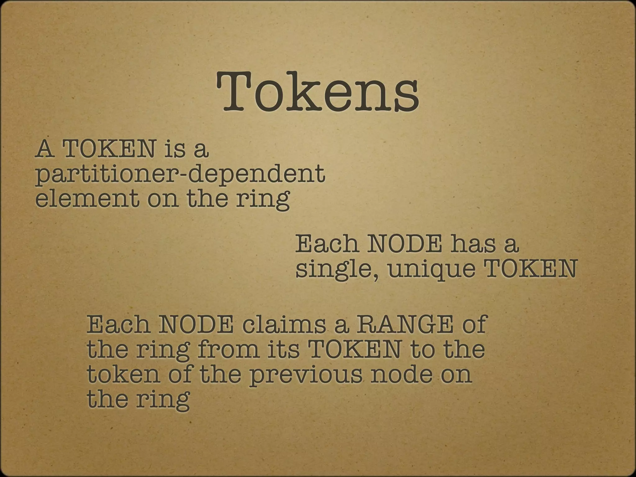 Tokens
A TOKEN is a
partitioner-dependent
element on the ring
                  Each NODE has a
                  single, unique TOKEN

   Each NODE claims a RANGE of
   the ring from its TOKEN to the
   token of the previous node on
   the ring
 