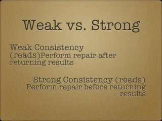 Weak vs. Strong
Weak Consistency
(reads)Perform repair after
returning results

      Strong Consistency (reads)
    Perfo...