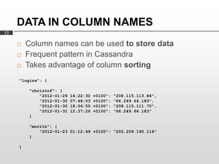 DATA IN COLUMN NAMES
13

        Column names can be used to store data
        Frequent pattern in Cassandra
        Takes advantage of column sorting
     "logins": {

         "christof": {
             "2012-01-29   16:22:30   +0100":   "208.115.113.86",
             "2012-01-30   07:48:03   +0100":   "66.249.66.183",
             "2012-01-30   18:06:55   +0100":   "208.115.111.70",
             "2012-01-31   12:37:26   +0100":   "66.249.66.183"
         }

         "moritz": {
             "2012-01-23 01:12:49 +0100": "205.209.190.116"
         }

     }
 