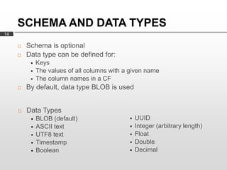 SCHEMA AND DATA TYPES
14

        Schema is optional
        Data type can be defined for:
             Keys
             The values of all columns with a given name
             The column names in a CF
        By default, data type BLOB is used


        Data Types
             BLOB (default)                     UUID
             ASCII text                         Integer (arbitrary length)
             UTF8 text                          Float
             Timestamp                          Double
             Boolean                            Decimal
 