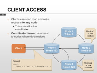 CLIENT ACCESS
20

        Clients can send read and write
         requests to any node
             This node will act as
              coordinator
                                                          Node 1         Replica 1
        Coordinator forwards request                     Token 0         of row
         to nodes where data resides                                     «foobar»




              Client                          Node 4                  Node 2
                                             Token 192               Token 64



          Request:
                                                                       Replica 2
          insert(                                         Node 3        of row
            "foobar": { "email": "fb@example.com" }      Token 128     «foobar»
          )
 