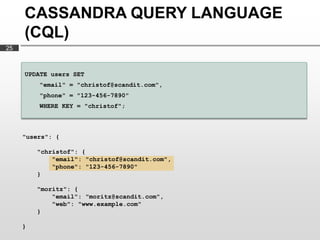 CASSANDRA QUERY LANGUAGE
     (CQL)
25



     UPDATE users SET
         "email" = "christof@scandit.com",
         "phone" = "123-456-7890"
         WHERE KEY = "christof";



     "users": {

         "christof": {
             "email": "christof@scandit.com",
             "phone": "123-456-7890"
         }

         "moritz": {
             "email": "moritz@scandit.com",
             "web": "www.example.com"
         }

     }
 