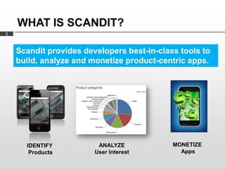 WHAT IS SCANDIT?
3



    Scandit provides developers best-in-class tools to
    build, analyze and monetize product-centric apps.




      IDENTIFY           ANALYZE            MONETIZE
       Products         User Interest         Apps
 