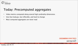 Today: Precomputed aggregates
• Video metrics computed along several high cardinality dimensions
• Very fast lookups, but inﬂexible, and hard to change
• Most computed aggregates are never read
Tuesday, June 18, 13
 