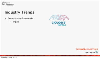 Industry Trends
• Fast execution frameworks
– Impala
Tuesday, June 18, 13
 