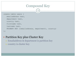 Compound Key 
19 
create table users ( 
emailaddress text, 
department text, 
country text, 
firstname text, 
lastname text, 
PRIMARY KEY ((emailaddress, department), country) 
); 
 Partition Key plus Cluster Key 
 Emailaddress & department is partition key 
 country is cluster key 
 