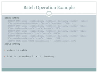 Batch Operation Example 
27 
BEGIN BATCH 
INSERT INTO users (emailaddress, firstname, lastname, country) values 
('brian.enochson@gmail.com', 'brian', 'enochson', 'USA'); 
INSERT INTO users (emailaddress, firstname, lastname, country) values 
('tpeters@example.com', 'tom', 'peters', 'DE'); 
INSERT INTO users (emailaddress, firstname, lastname, country) values 
('jsmith@example.com', 'jim', 'smith', 'USA'); 
INSERT INTO users (emailaddress, firstname, lastname, country) values 
('arogers@example.com', 'alan', 'rogers', 'USA'); 
DELETE FROM users WHERE emailaddress = 'jsmith@example.com'; 
APPLY BATCH; 
 select in cqlsh 
 List in cassandra-cli with timestamp 
 
